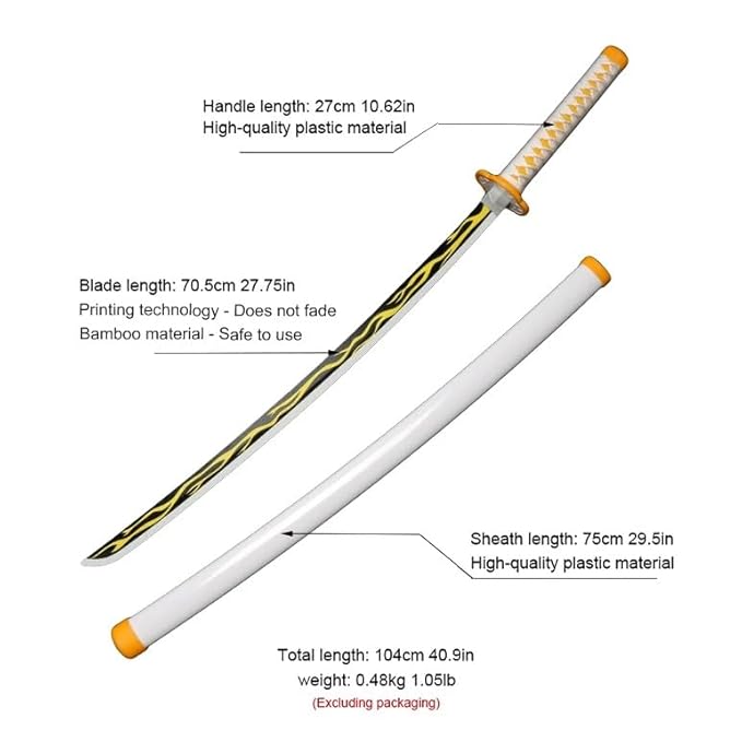 Demon Slayer Zenitsu Katana Wooden Sword Toy Life Size Nichirin 104CM Bamboo Wood